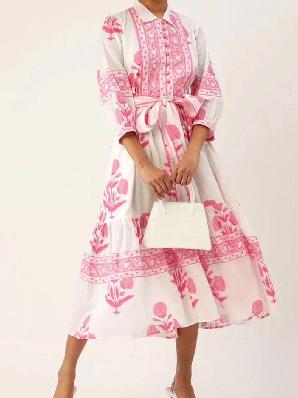 Jaipur Morni White and Pink Floral Tie-Waist Midi Dress Puff Sleeves SZ M  EUC